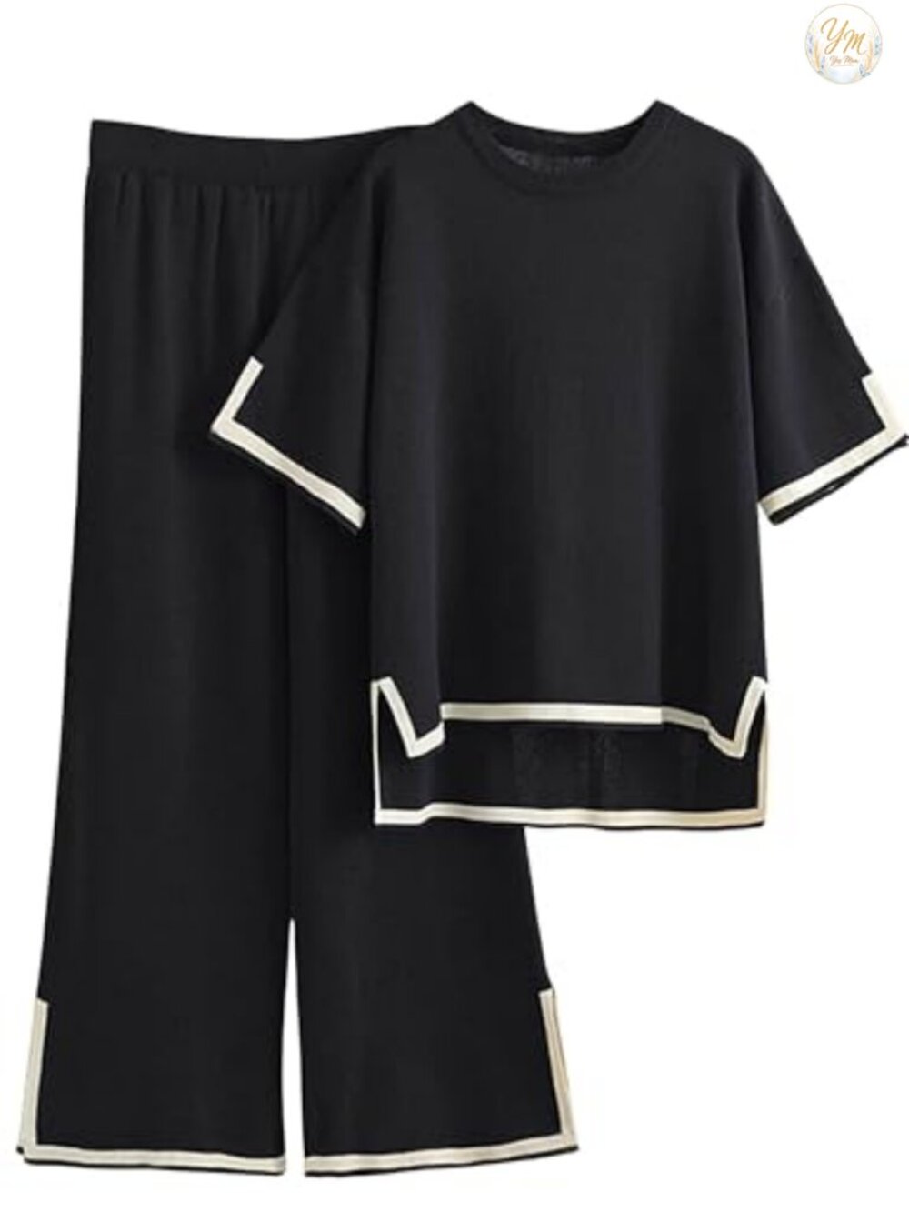 Knitted Lounge Set, 2 Piece Mixed Pattern Pullover Top & Wide Leg Pants